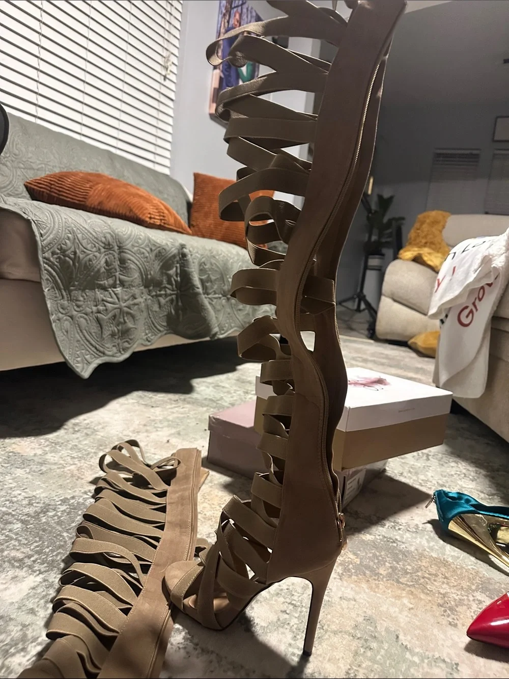 Beige Strappy High Heel Gladiator Sandals - Women